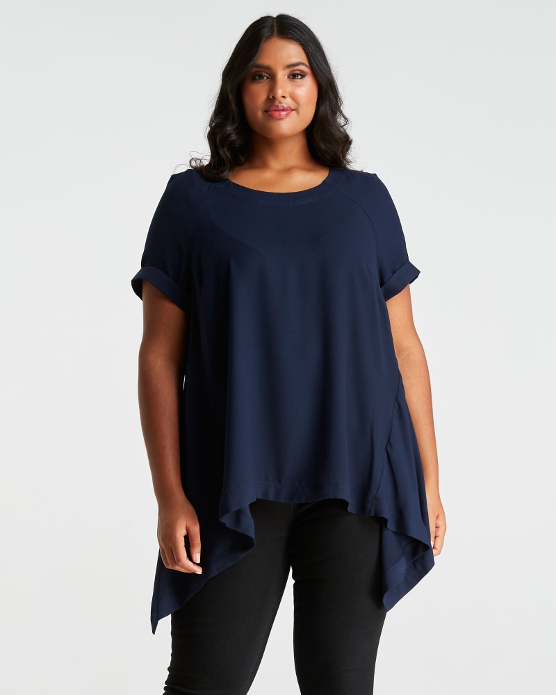 Front of a model wearing a size 1X Cora Top in Navy by Estelle. | dia_product_style_image_id:248441